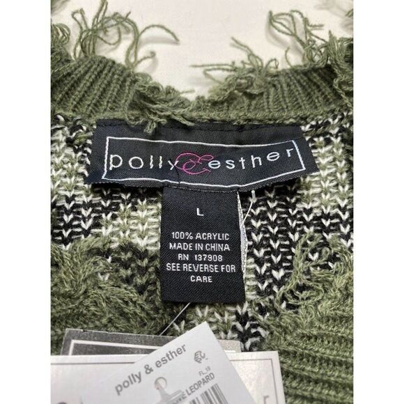 Polly & Esther Sweater Top Women's LARGE Green Black Destructed Cropped Frayed - Picture 8 of 12